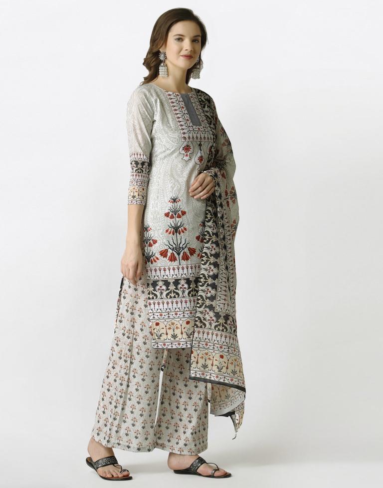 Aesthetic Off White Cotton Printed Unstitched Salwar Suit