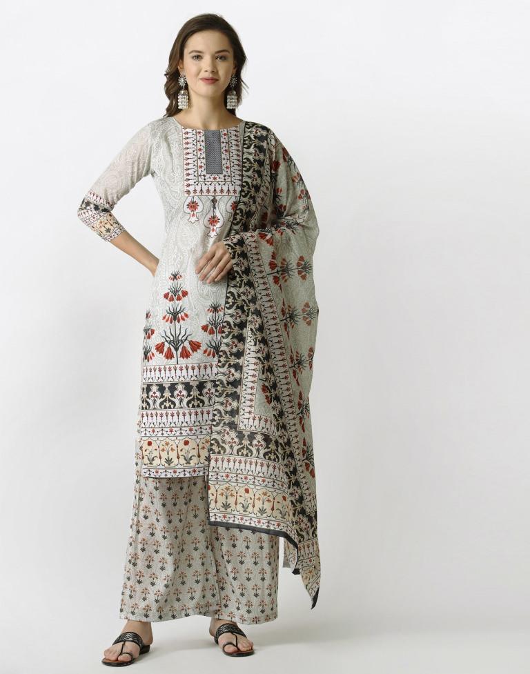 Aesthetic Off White Cotton Printed Unstitched Salwar Suit