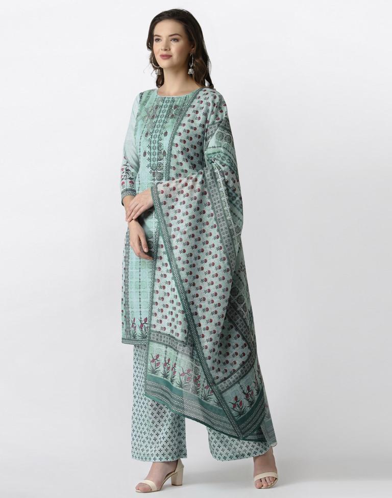 Adorable Pista Green Cotton Printed Unstitched Salwar Suit