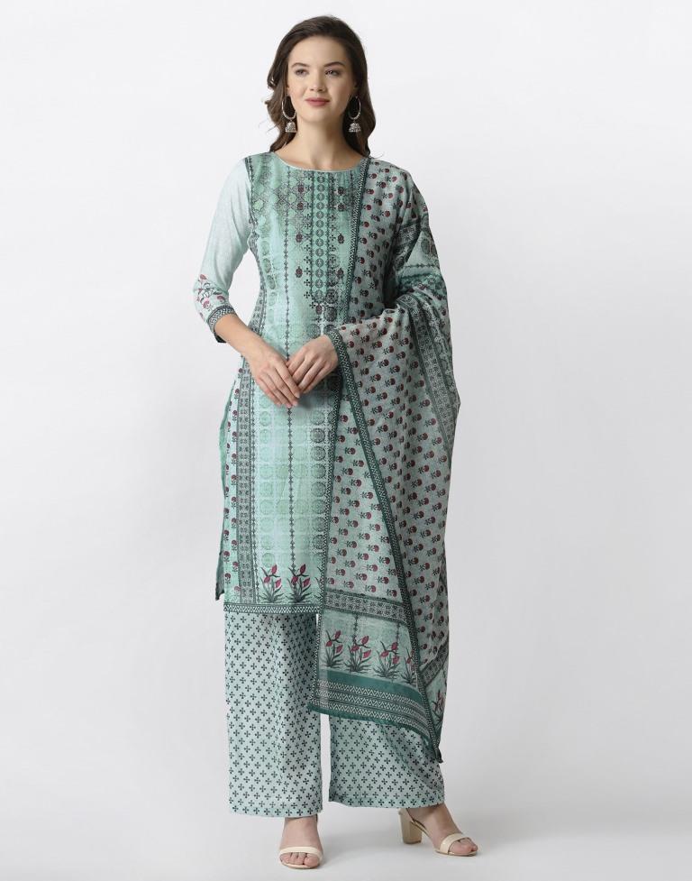 Adorable Pista Green Cotton Printed Unstitched Salwar Suit