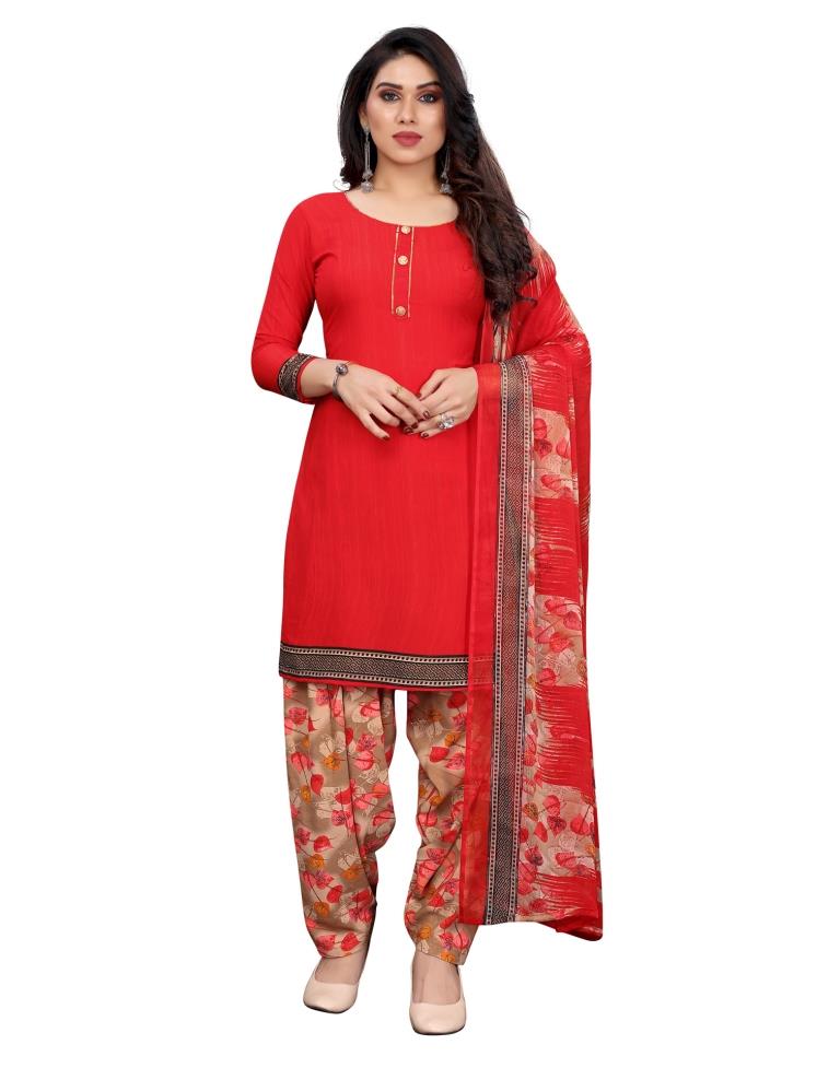 Awesome Red Printed Unstitched Salwar Suit