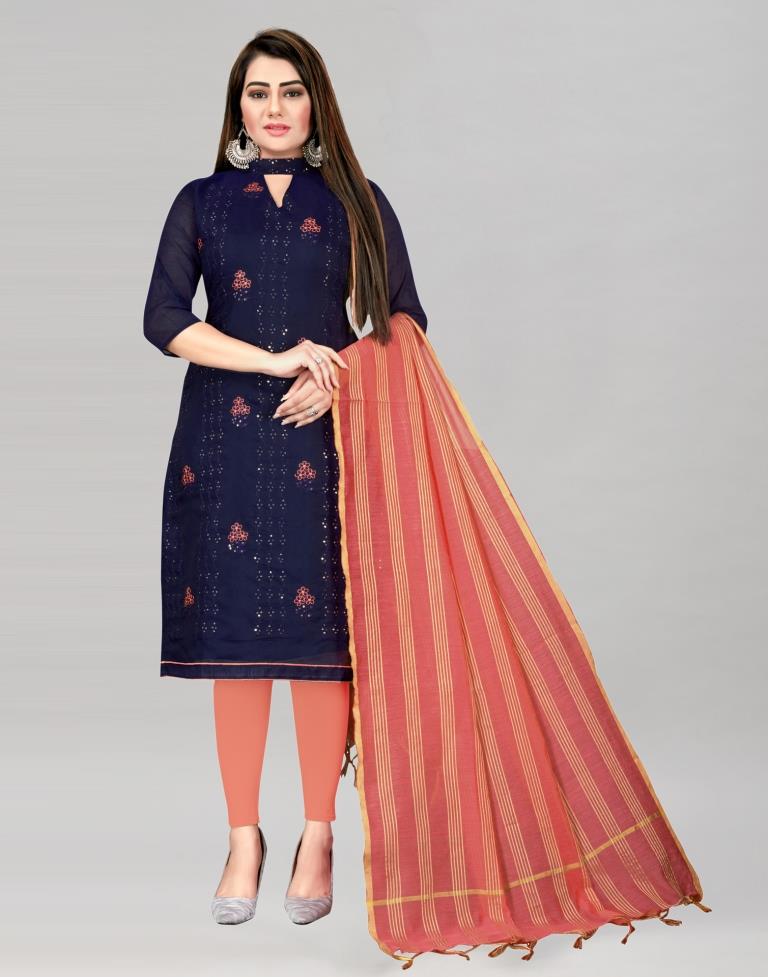 Adorable Navy Blue Chanderi Cotton Embroidered Unstitched Salwar Suit