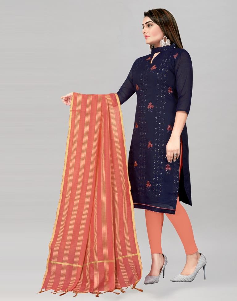 Adorable Navy Blue Chanderi Cotton Embroidered Unstitched Salwar Suit