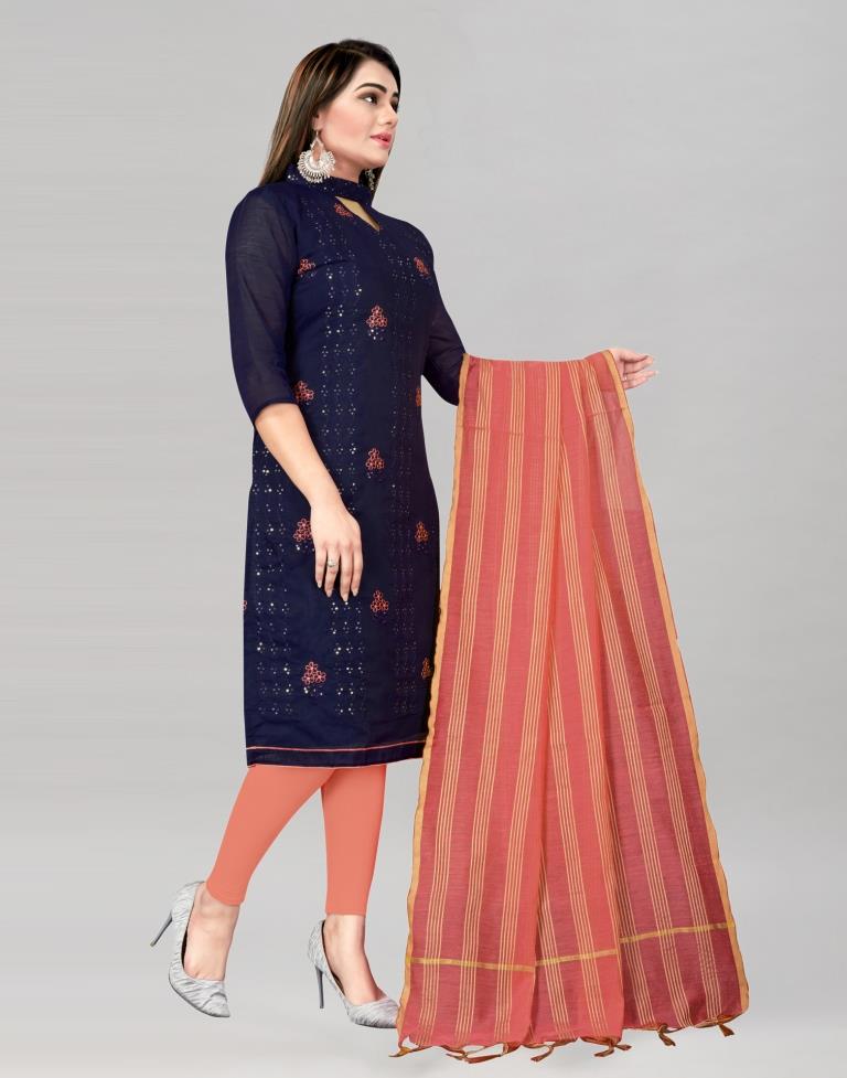 Adorable Navy Blue Chanderi Cotton Embroidered Unstitched Salwar Suit