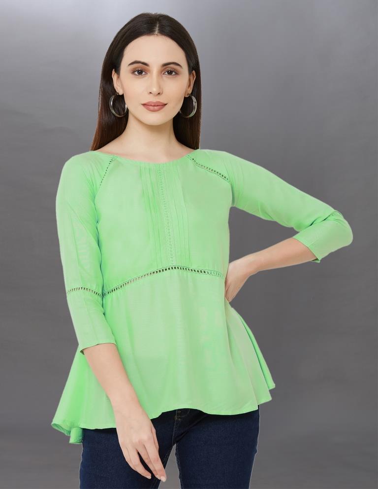 Bedazzling Light Sea Green Coloured Pleated Rayon Top