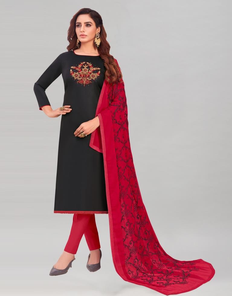 Black Cotton Embroidered Unstitched Salwar Suit