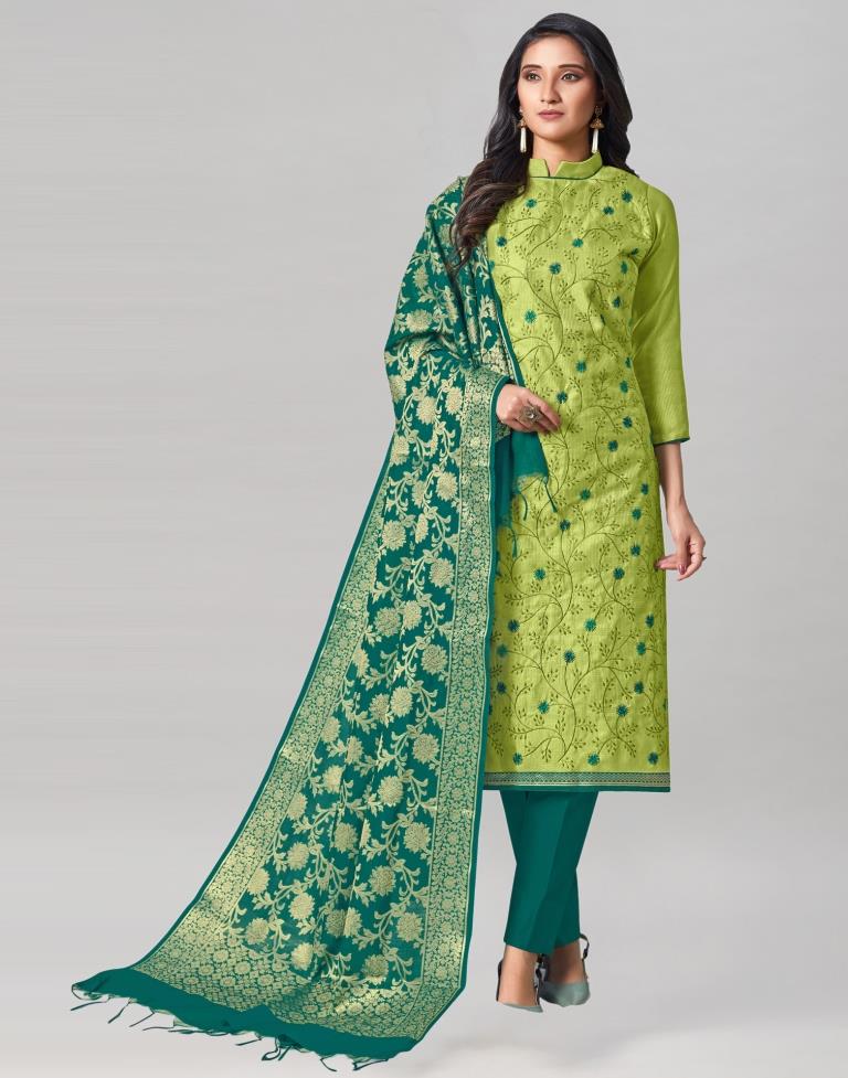 Parrot Green Silk Embroidered Unstitched Salwar Suit