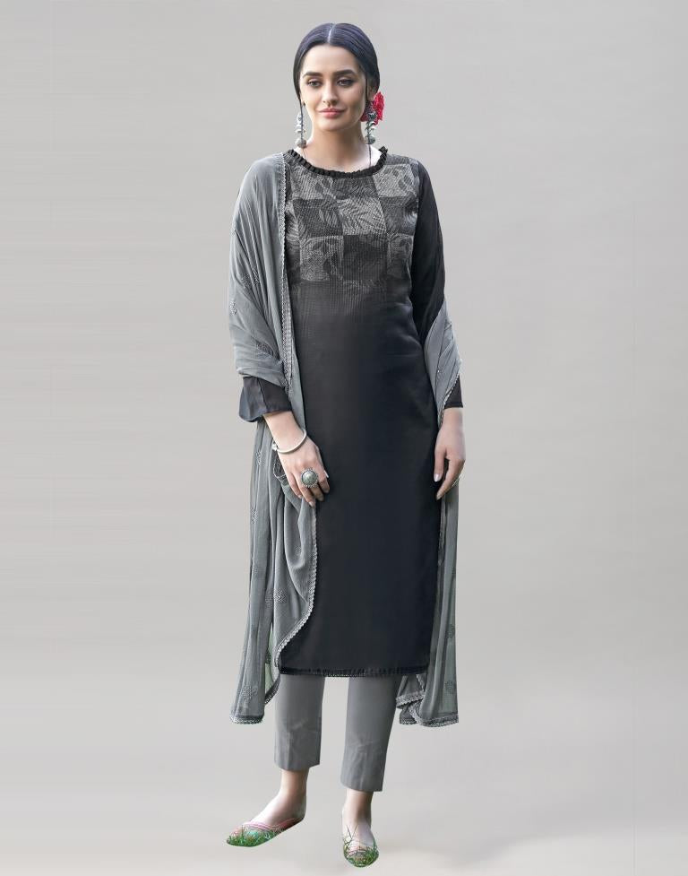 Black Cotton Printed Unstitched Salwar Suit