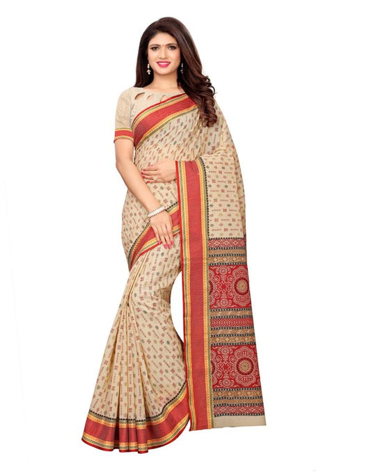 Beige Coloured Poly Cotton Printed Saree