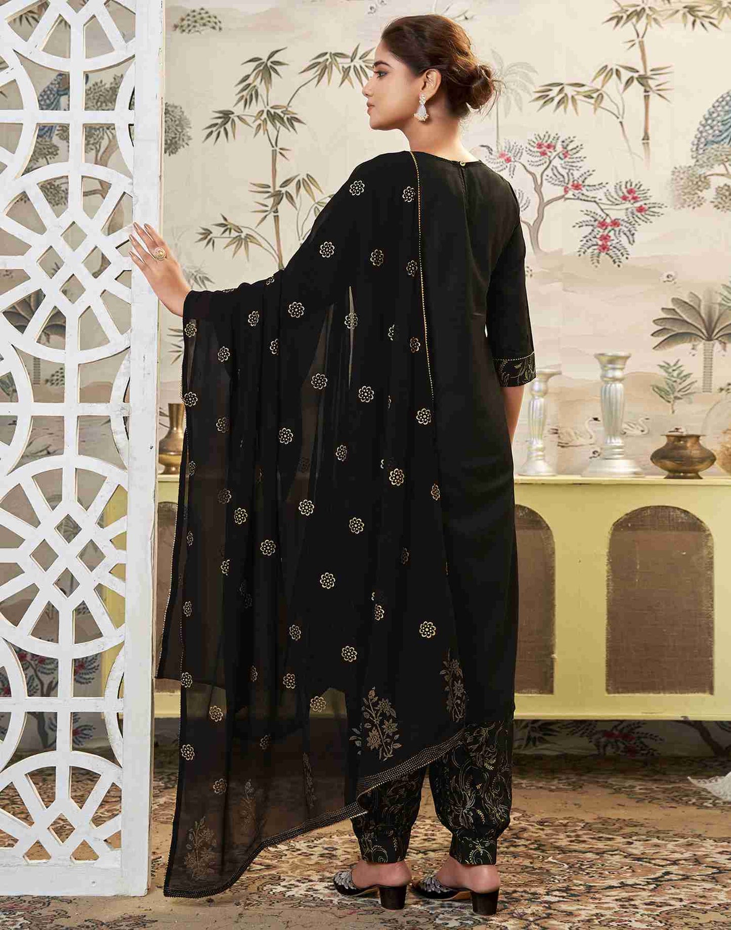 Black Embroidery Cotton Straight Kurta Set With Dupatta