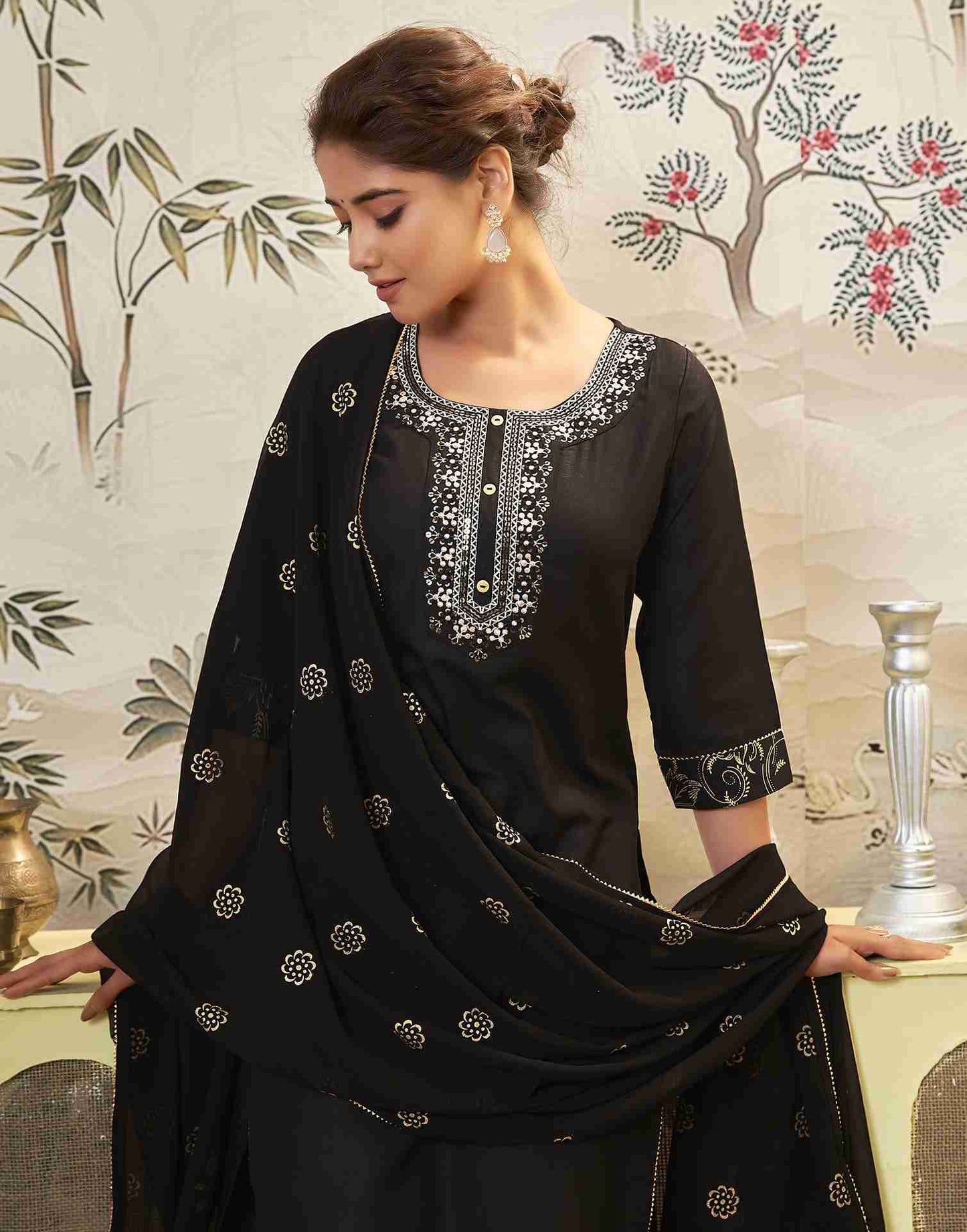 Black Embroidery Cotton Straight Kurta Set With Dupatta