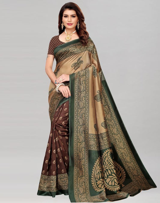 Beige And Green Coloured Poly Silk Printed Saree