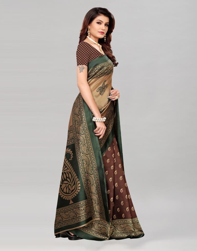 Beige And Green Coloured Poly Silk Printed Saree