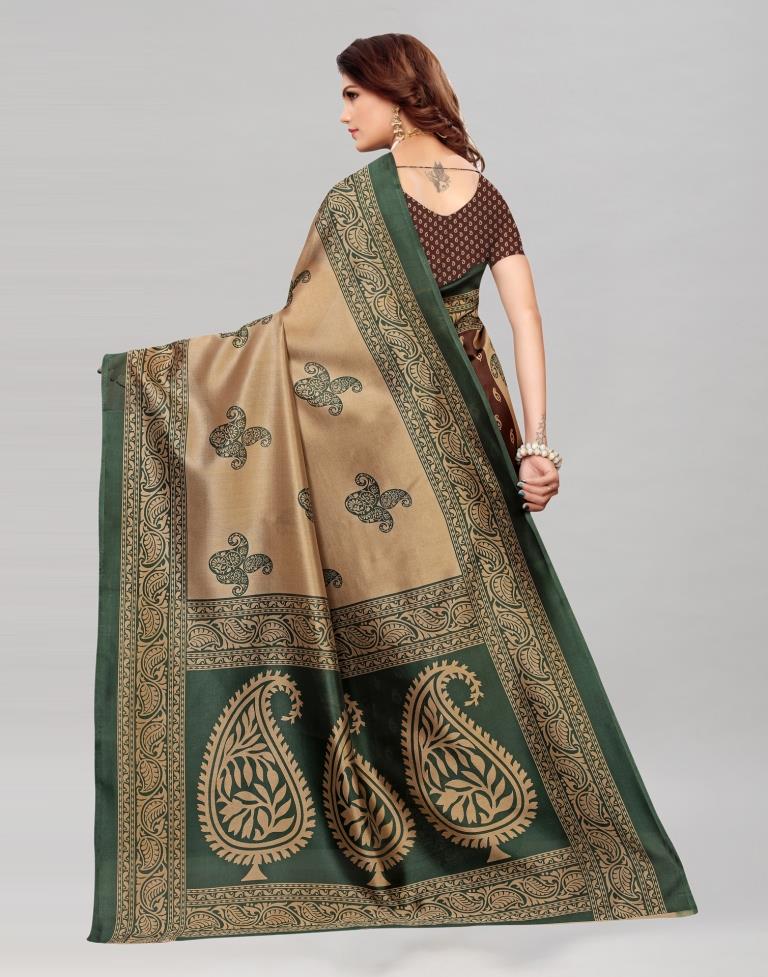 Beige And Green Coloured Poly Silk Printed Saree