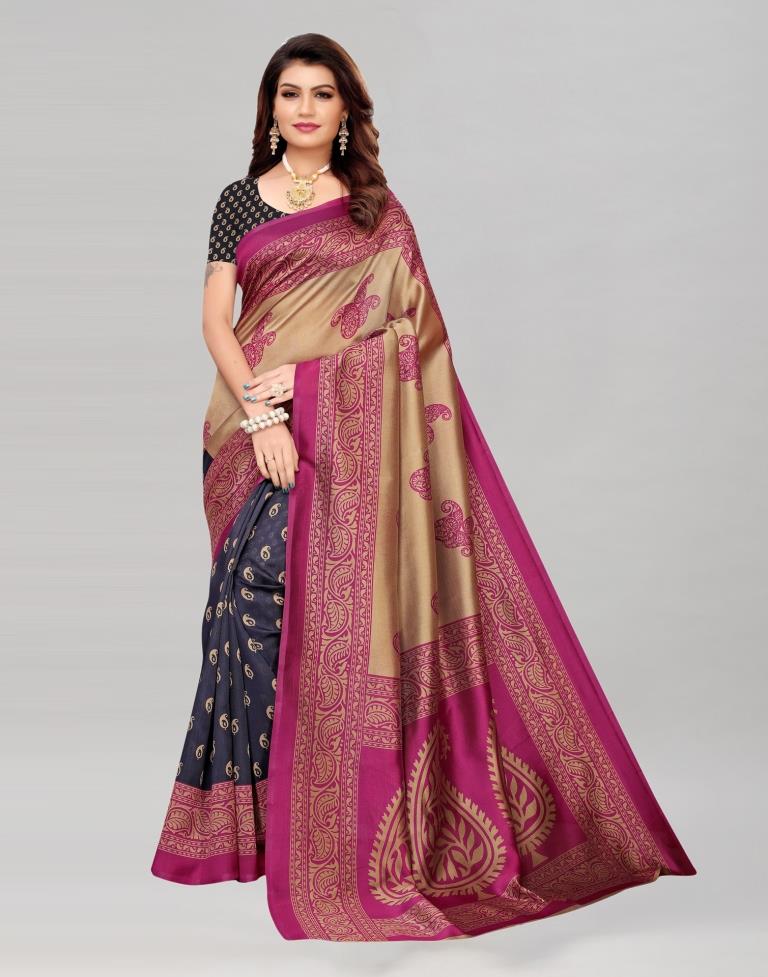 Beige And Navy Blue Coloured Poly Silk Printed Saree