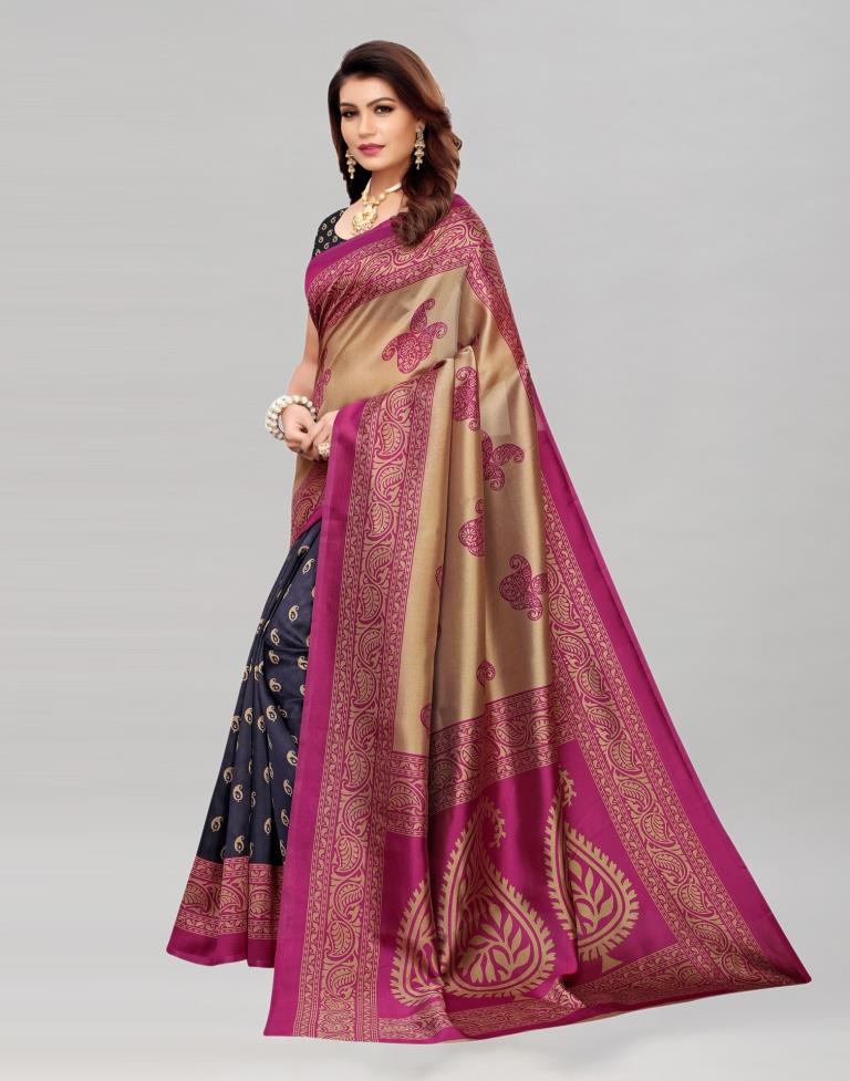 Beige And Navy Blue Coloured Poly Silk Printed Saree