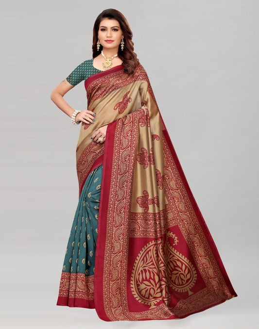 Beige Coloured Poly Silk Printed Saree