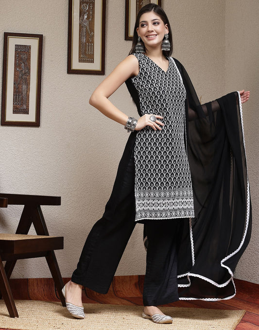 Black Plain Georgette Straight Kurta With Pant And Dupatta