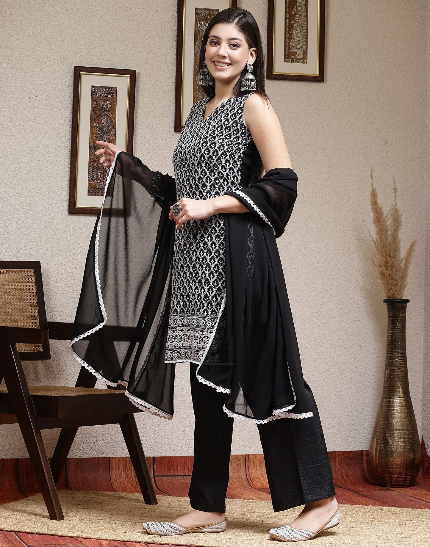 Black Plain Georgette Straight Kurta With Pant And Dupatta