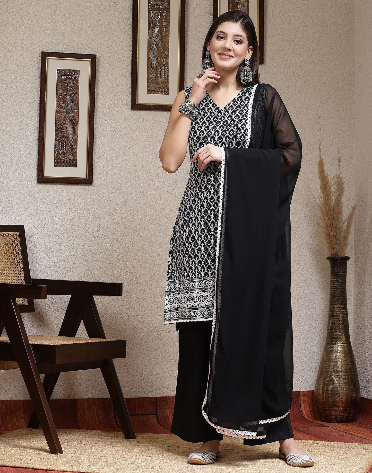 Black Plain Georgette Straight Kurta With Pant And Dupatta