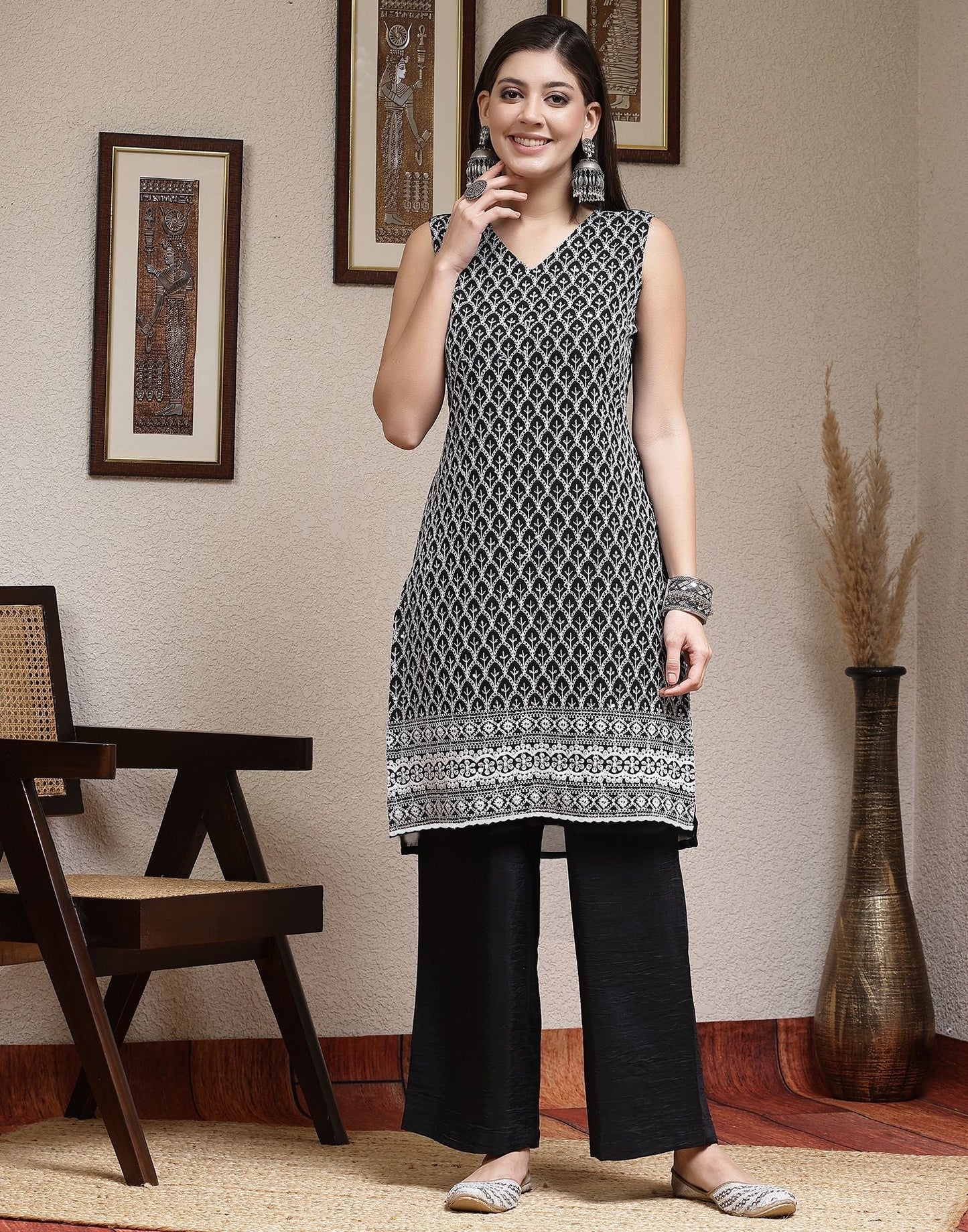 Black Plain Georgette Straight Kurta With Pant And Dupatta