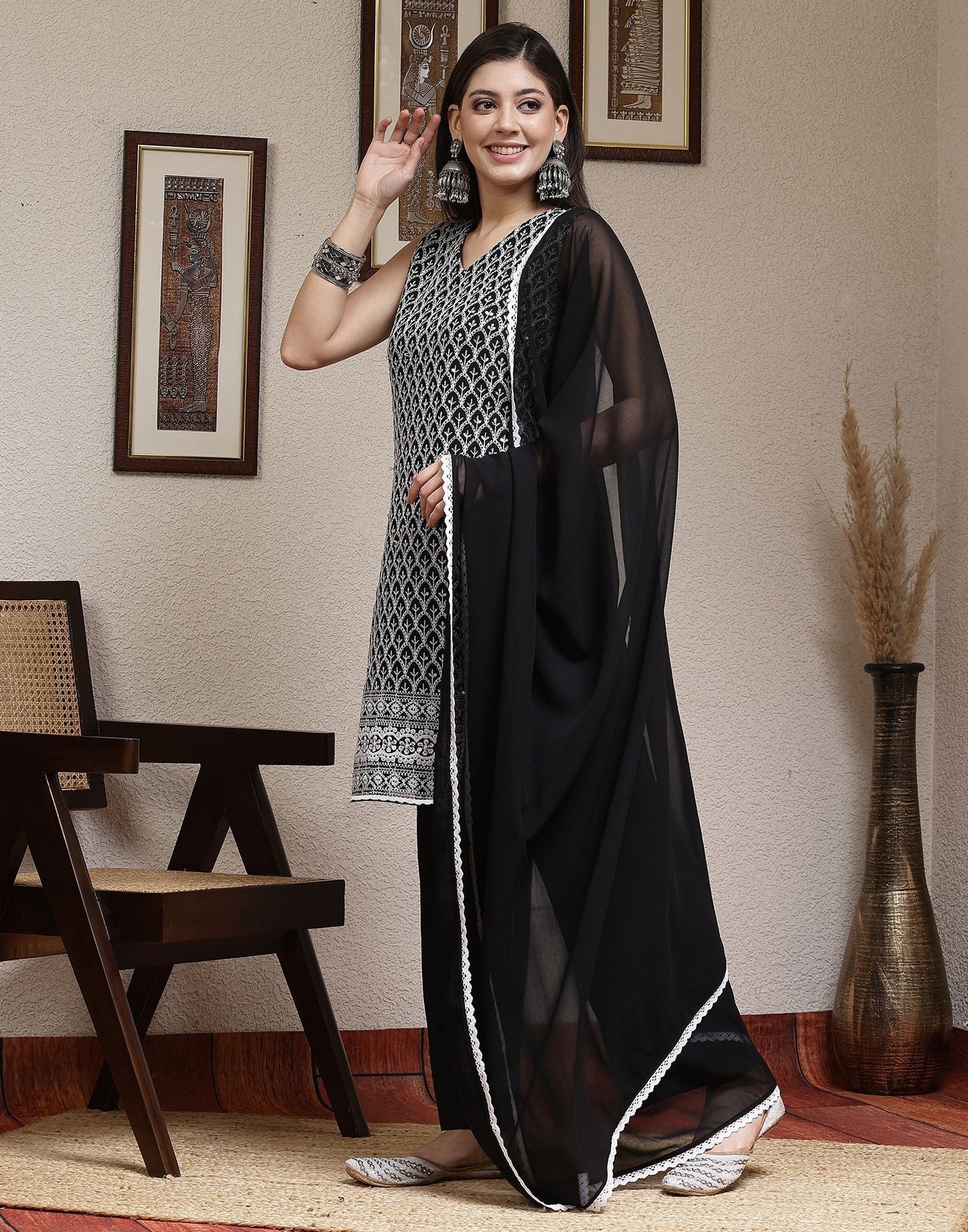 Black Plain Georgette Straight Kurta With Pant And Dupatta