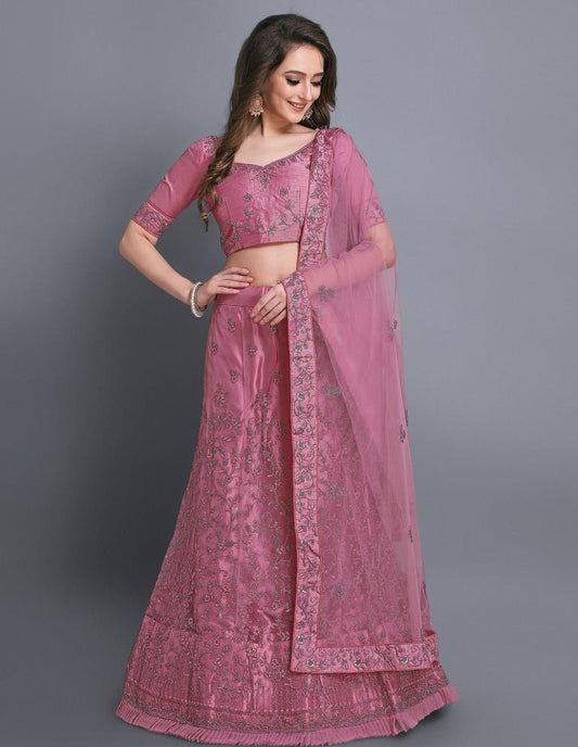 Exuberant Light Pink Coloured Net Emroidered Casual Wear Lehenga