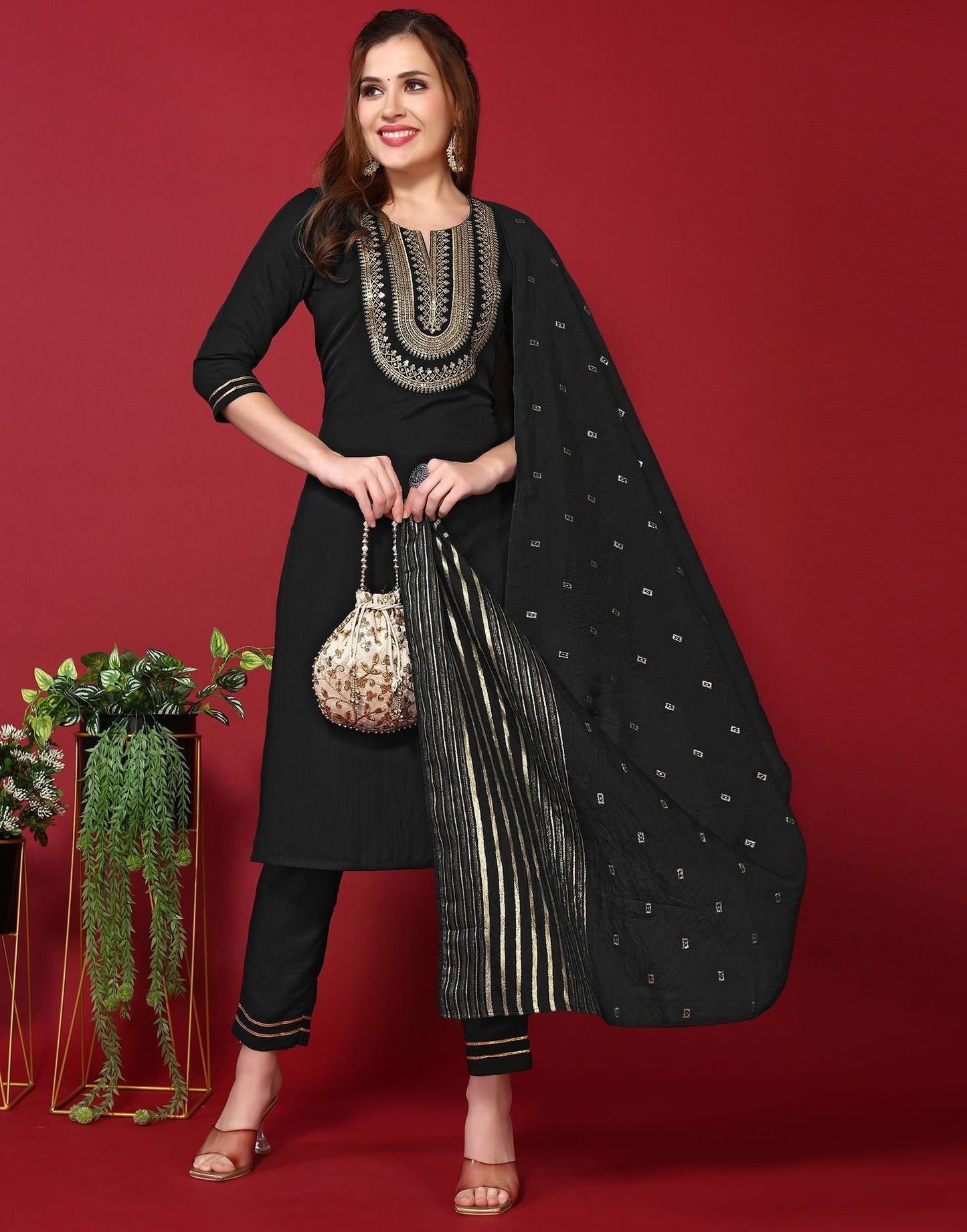 Black Embroidery Rayon Straight Kurta With Pant And Dupatta