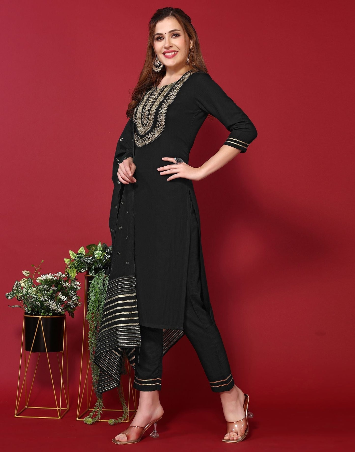 Black Embroidery Rayon Straight Kurta With Pant And Dupatta