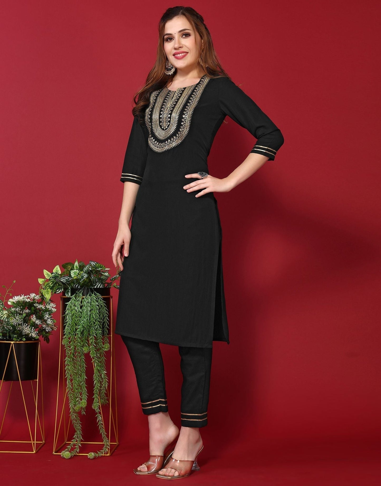 Black Embroidery Rayon Straight Kurta With Pant And Dupatta