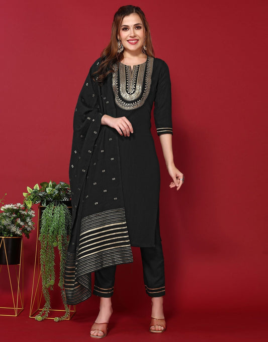 Black Embroidery Rayon Straight Kurta With Pant And Dupatta