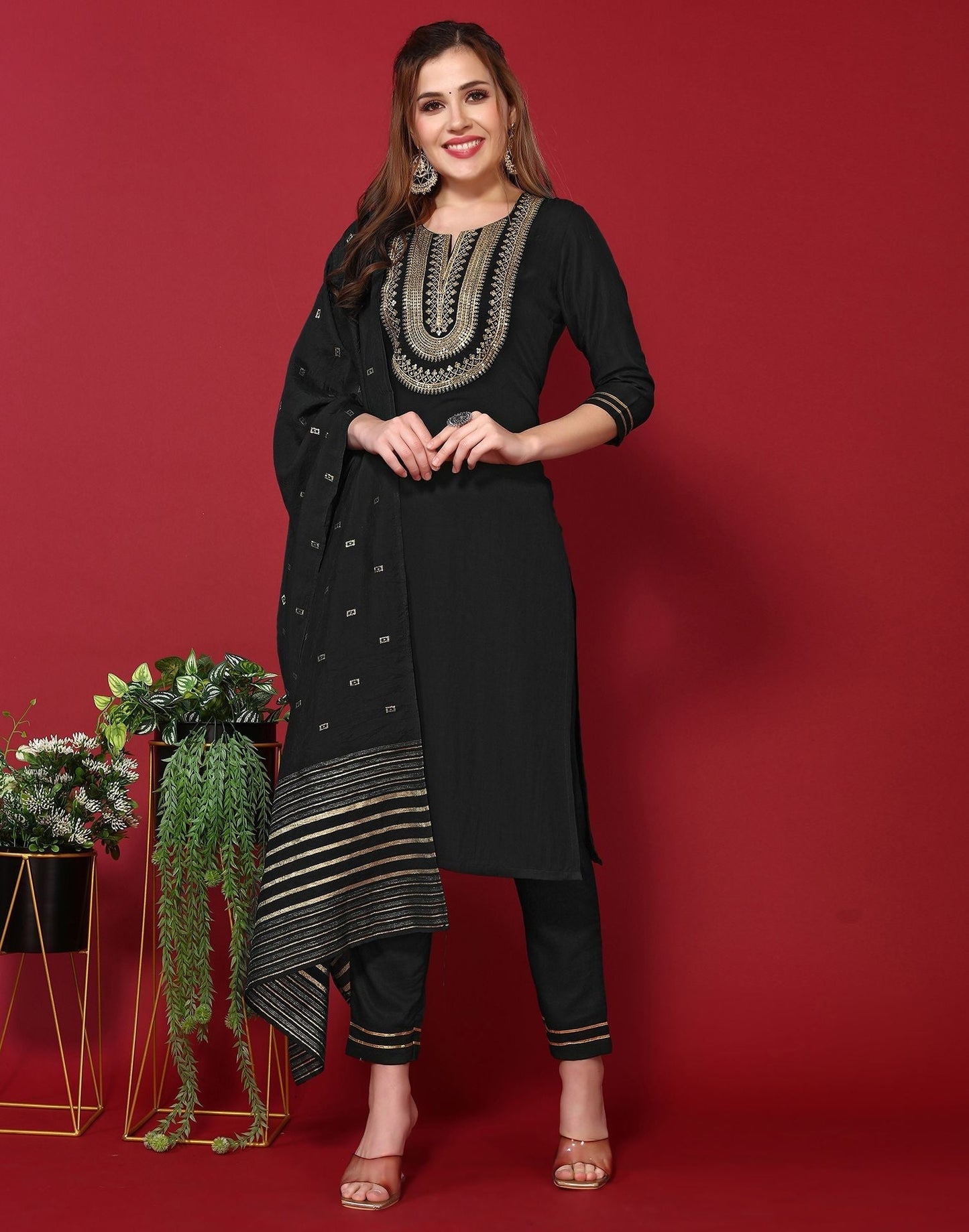 Black Embroidery Rayon Straight Kurta With Pant And Dupatta