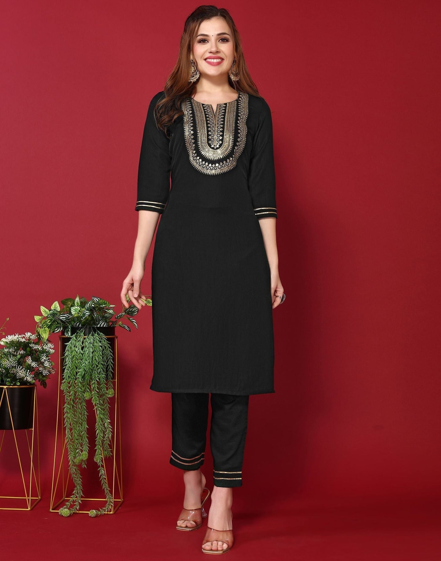 Black Embroidery Rayon Straight Kurta With Pant And Dupatta