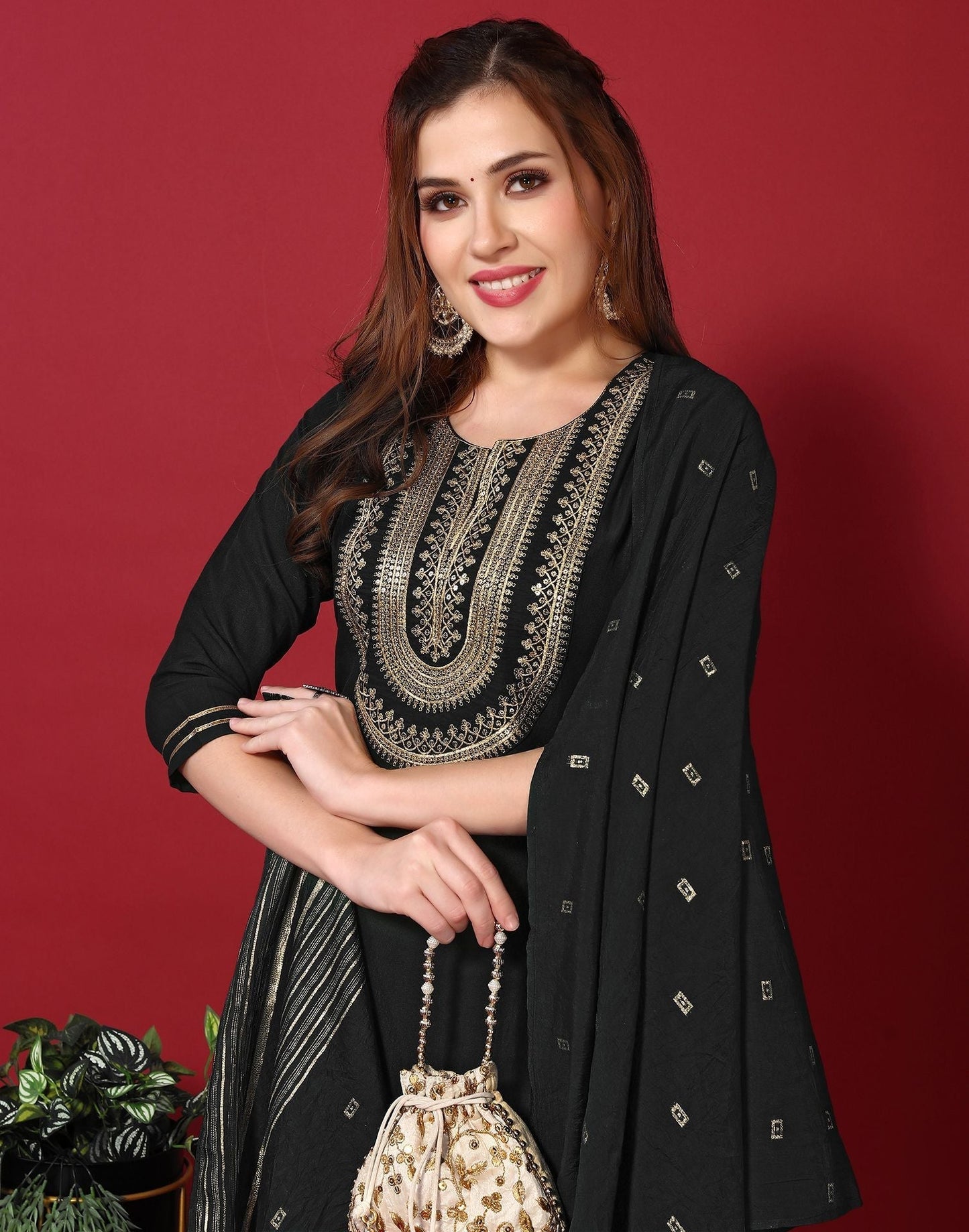 Black Embroidery Rayon Straight Kurta With Pant And Dupatta