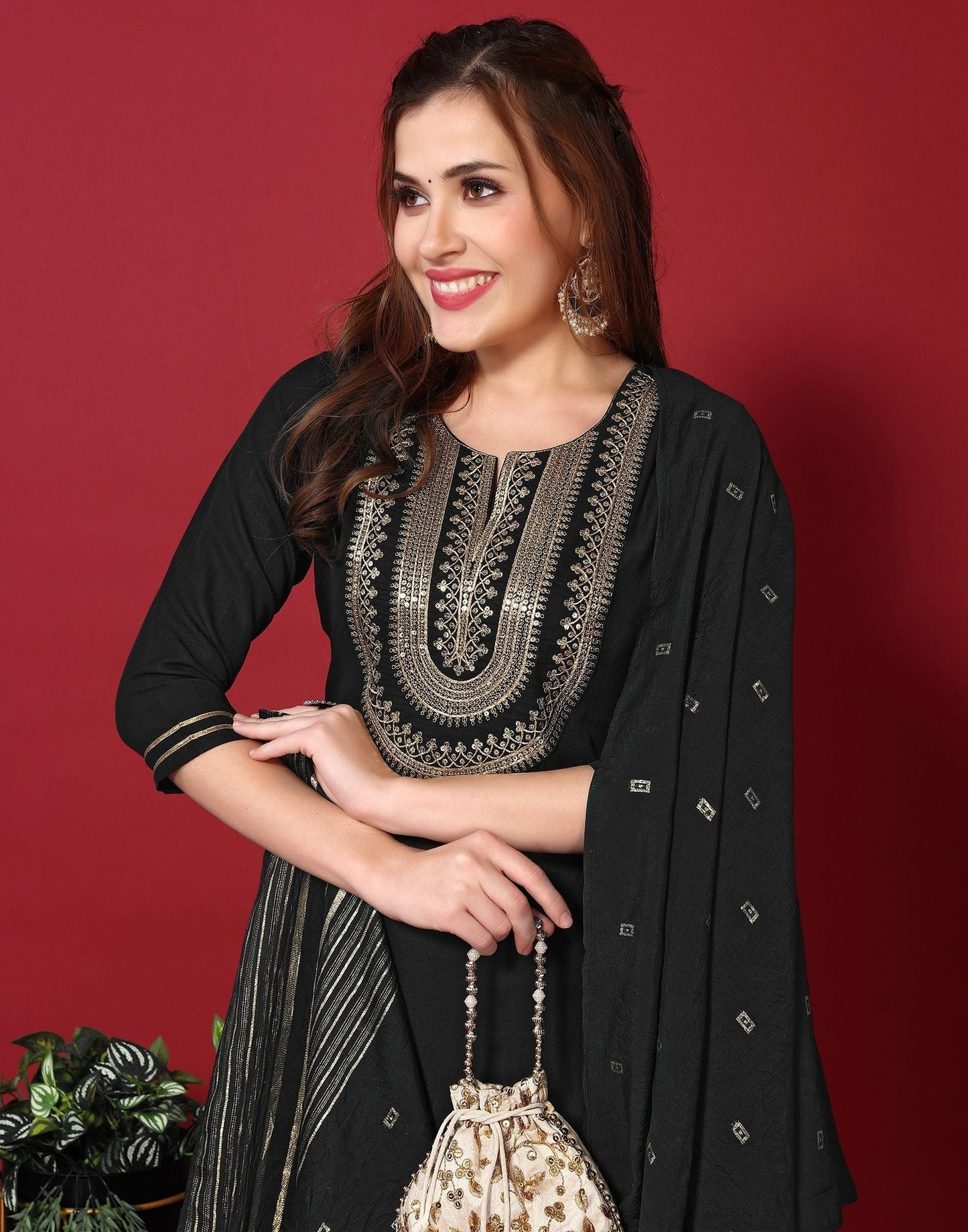 Black Embroidery Rayon Straight Kurta With Pant And Dupatta