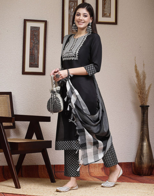 Black Printed Rayon Straight Kurta Set With Dupatta