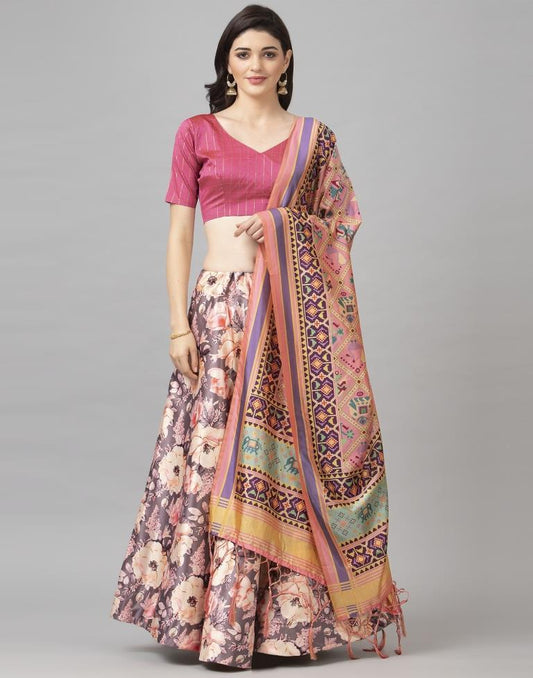 Affluent Dusty Lovendar Coloured Poly Silk Digital Printed Casual Wear Lehenga