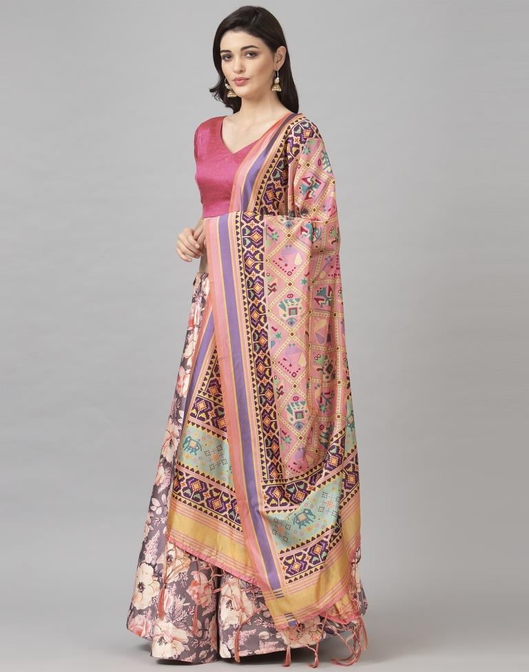 Affluent Dusty Lovendar Coloured Poly Silk Digital Printed Casual Wear Lehenga