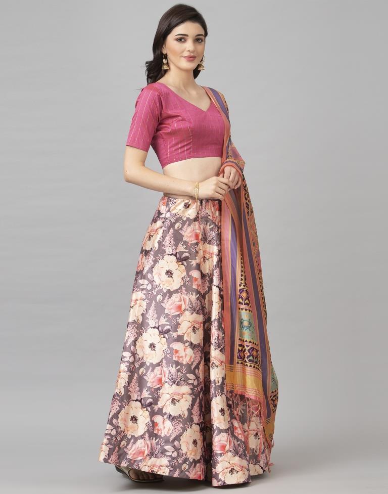 Affluent Dusty Lovendar Coloured Poly Silk Digital Printed Casual Wear Lehenga