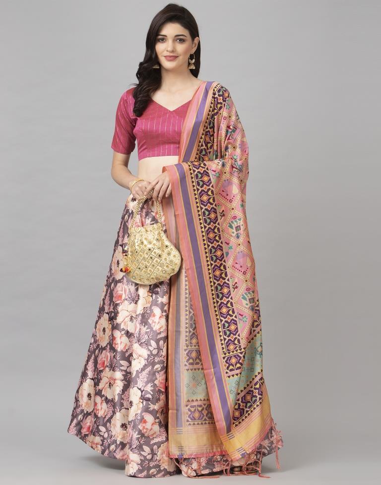 Affluent Dusty Lovendar Coloured Poly Silk Digital Printed Casual Wear Lehenga