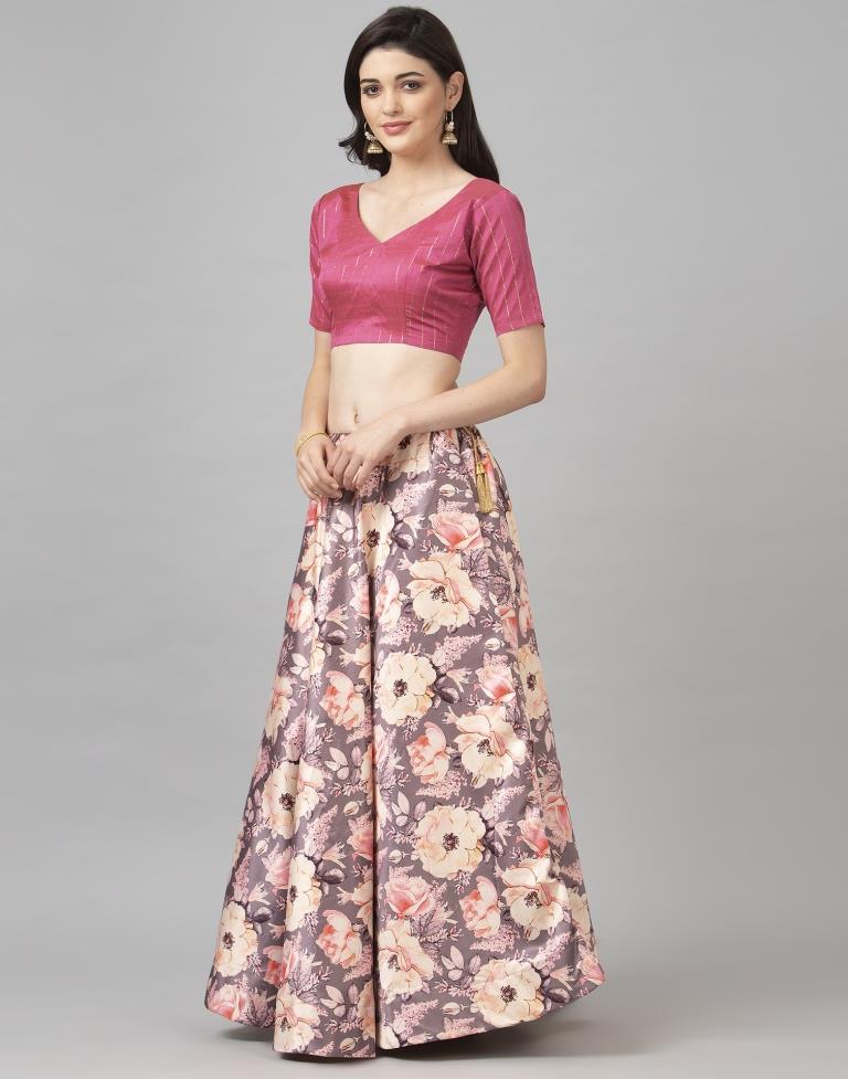 Affluent Dusty Lovendar Coloured Poly Silk Digital Printed Casual Wear Lehenga