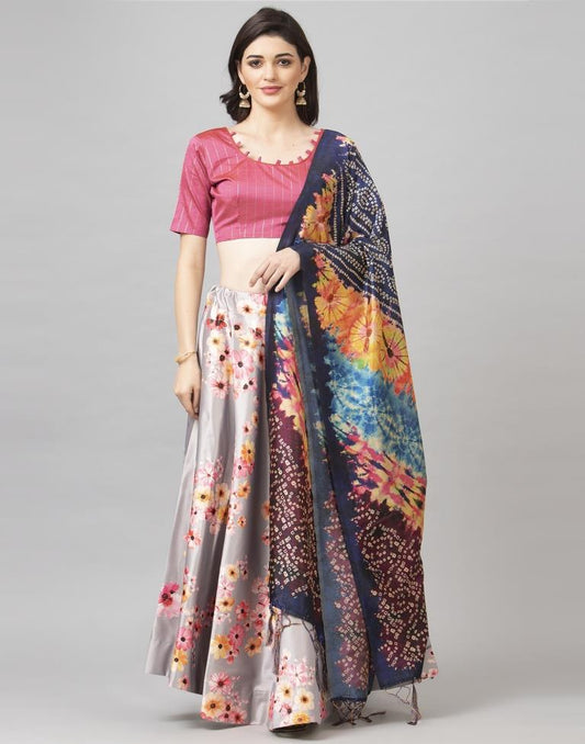 Exquisite Pinkish Gray Coloured Poly Silk Digital Printed Casual Wear Lehenga