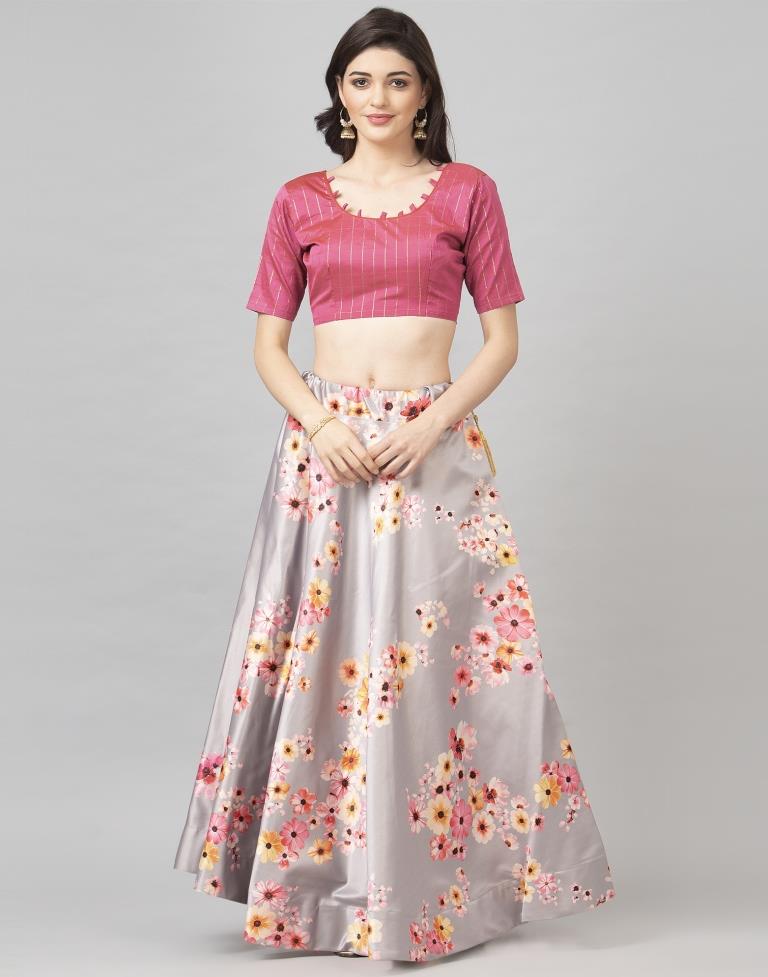 Exquisite Pinkish Gray Coloured Poly Silk Digital Printed Casual Wear Lehenga