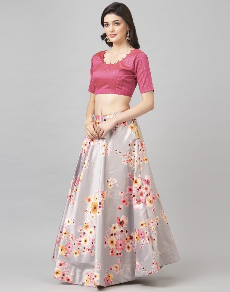 Exquisite Pinkish Gray Coloured Poly Silk Digital Printed Casual Wear Lehenga