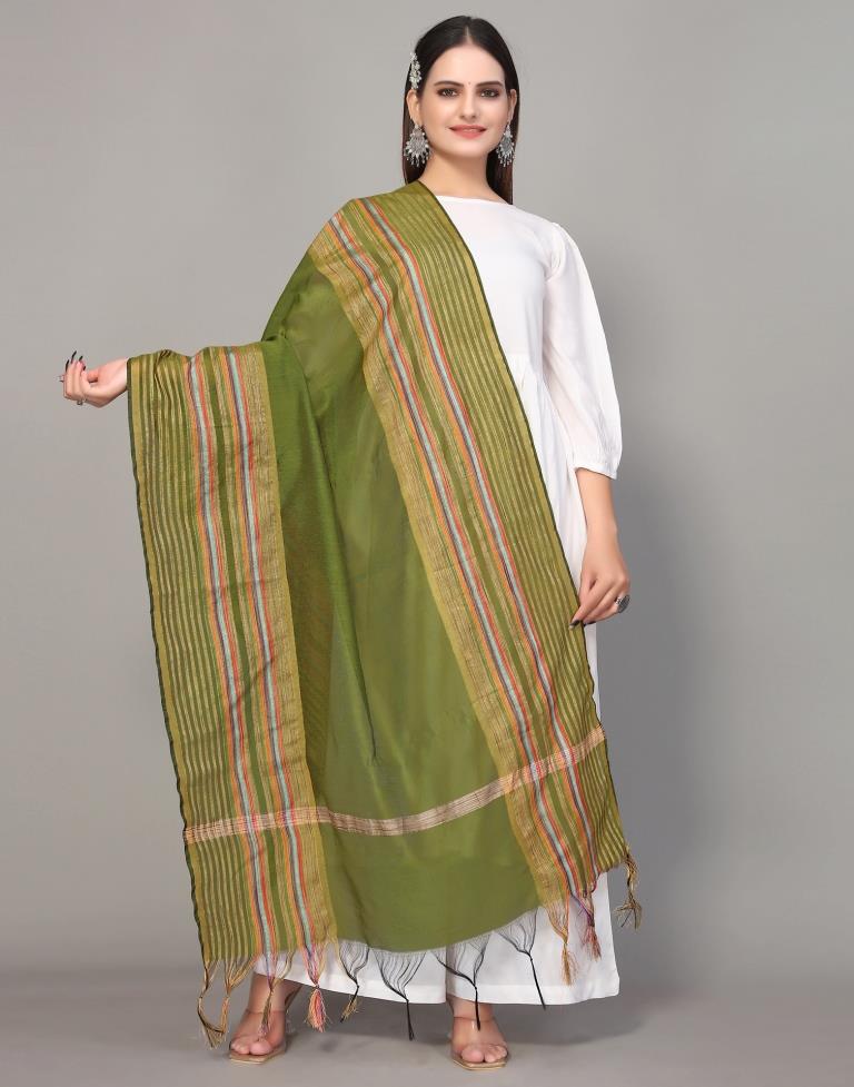 Green And Multicolour Self Woven Dupatta