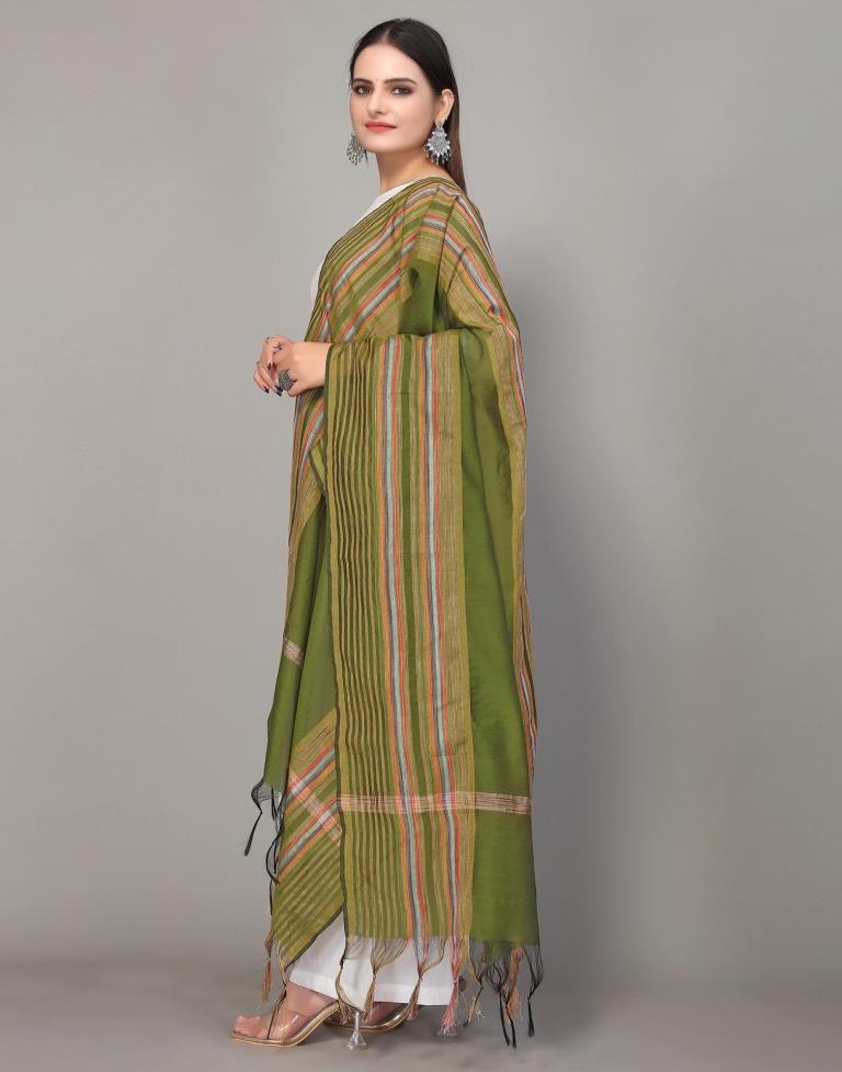 Green And Multicolour Self Woven Dupatta