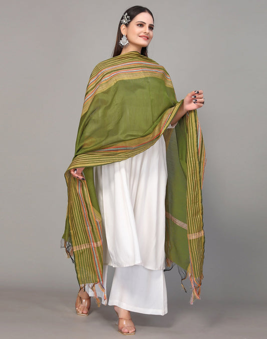 Green And Multicolour Self Woven Dupatta