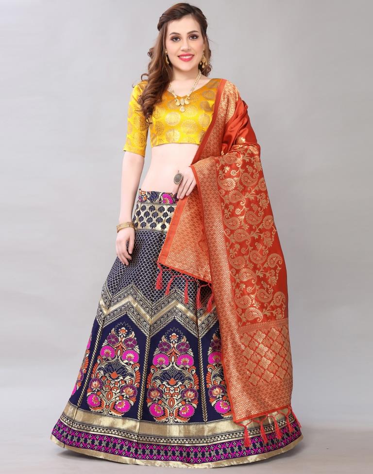 Auspicious Navy Blue Coloured Poly Silk Jacquard Casual Wear Lehenga