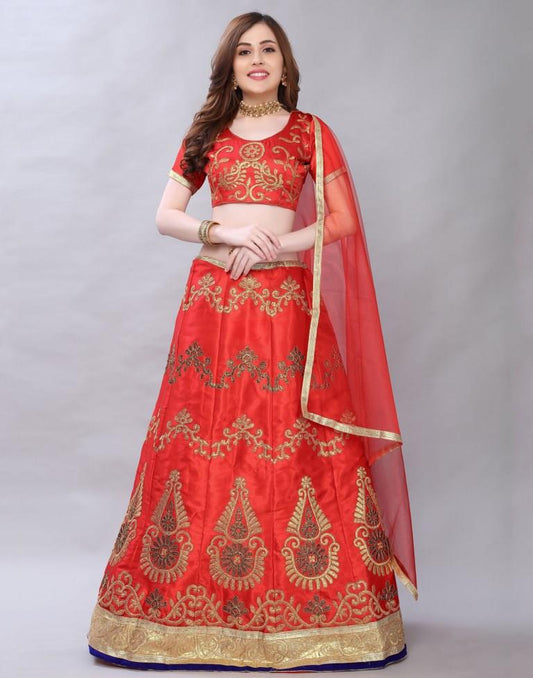 Favourable Red Coloured Satin Silk Embroidered Casual Wear Lehenga