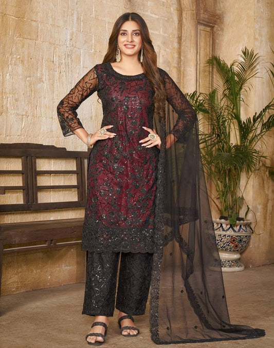 Black Plain Net Unstitched Salwar Suit Material